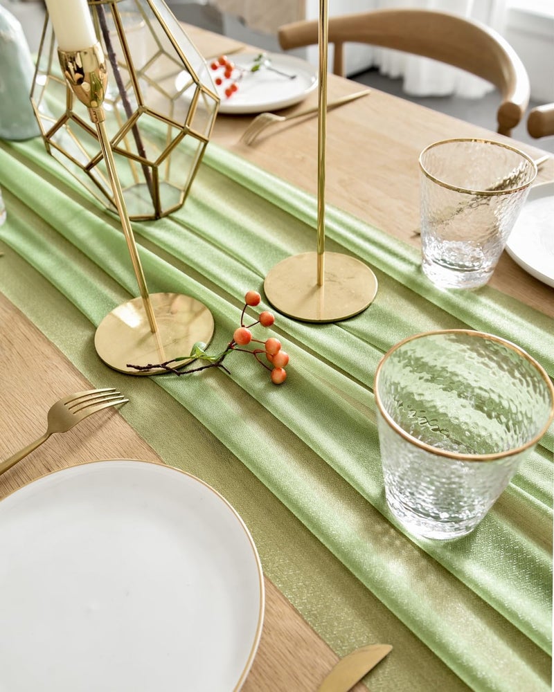 BOXAN Elegant 30x120 Inch Sage Green Sheer Table Runner 10Ft Chiffon Like Overlay for Bohemian Woodland Greenery Wedding Shower Party Decor, Chic Spring Summer Party Saint Patricks Day Supplies - Image 2